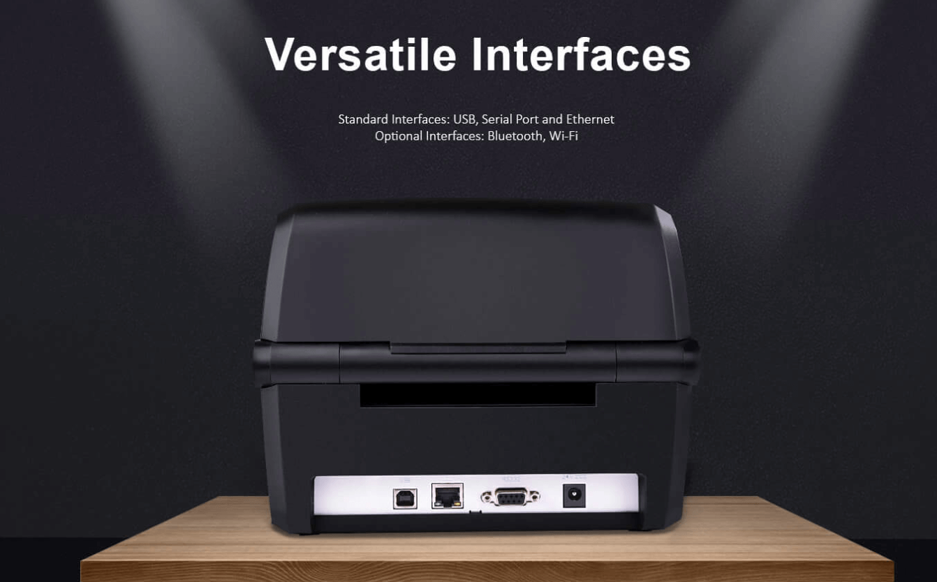 Back view of a imprimante de codes à barres showing multiple interface ports like USB, Serial, and Ethernet.